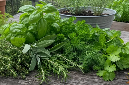 Fresh herbs including basil, rosemary, sage, thyme, mint, dill, parsley, and cilantro arranged on a rustic wooden table for Donna Appel’s article on real food and healing herbs.