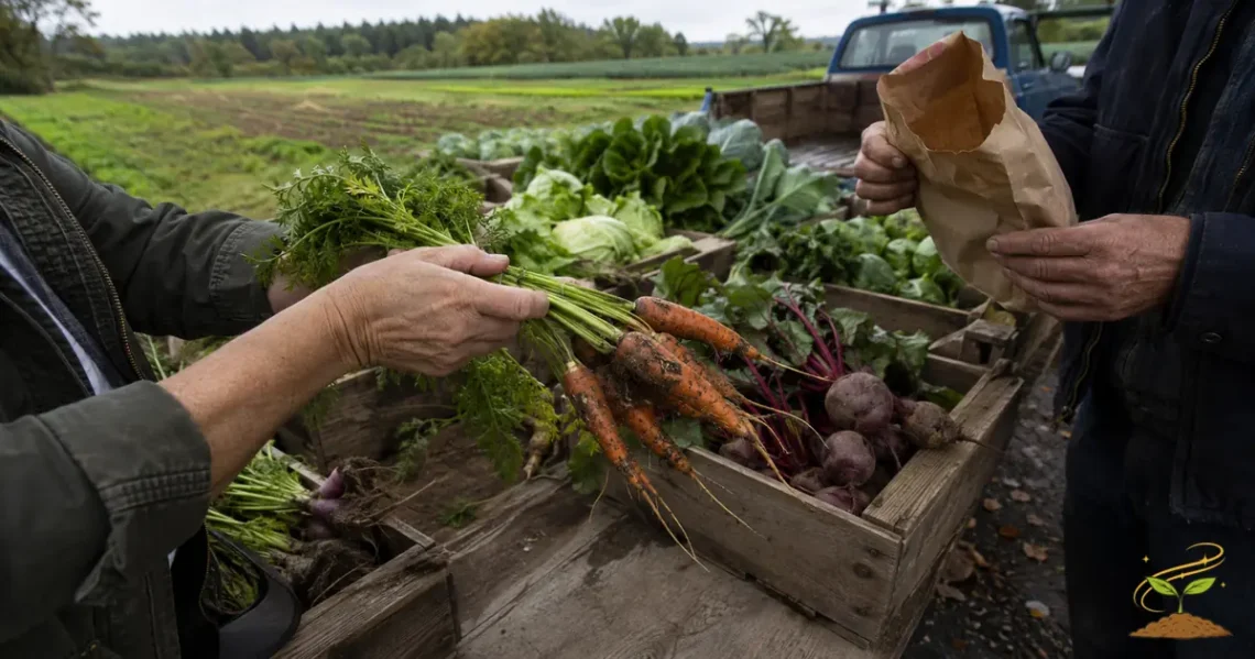 A customer chooses freshly harvested carrots directly from a farmer beside crates of vegetables.