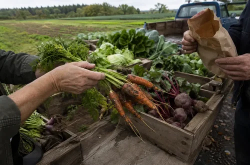 A customer chooses freshly harvested carrots directly from a farmer beside crates of vegetables.