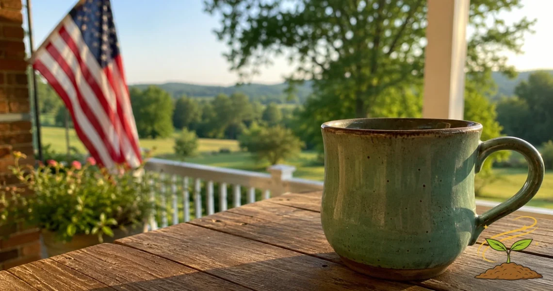 A quiet porch scene with a coffee mug on a wooden table, an American flag in the background, and open countryside beyond, representing the courage to live differently with calm conviction.