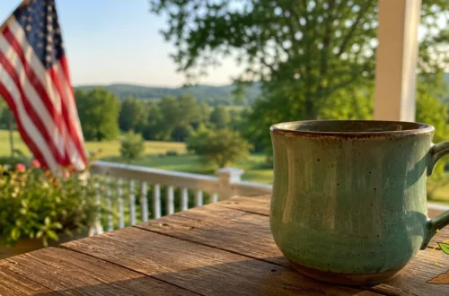 A quiet porch scene with a coffee mug on a wooden table, an American flag in the background, and open countryside beyond, representing the courage to live differently with calm conviction.