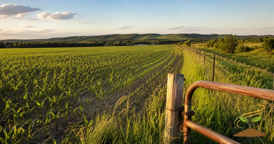 Rows of young crops growing across a farm field beside a fence line in natural evening light.