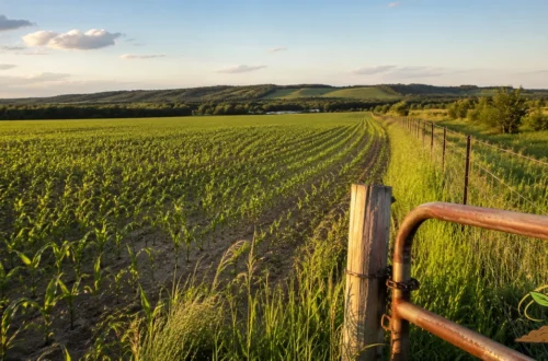 Rows of young crops growing across a farm field beside a fence line in natural evening light.