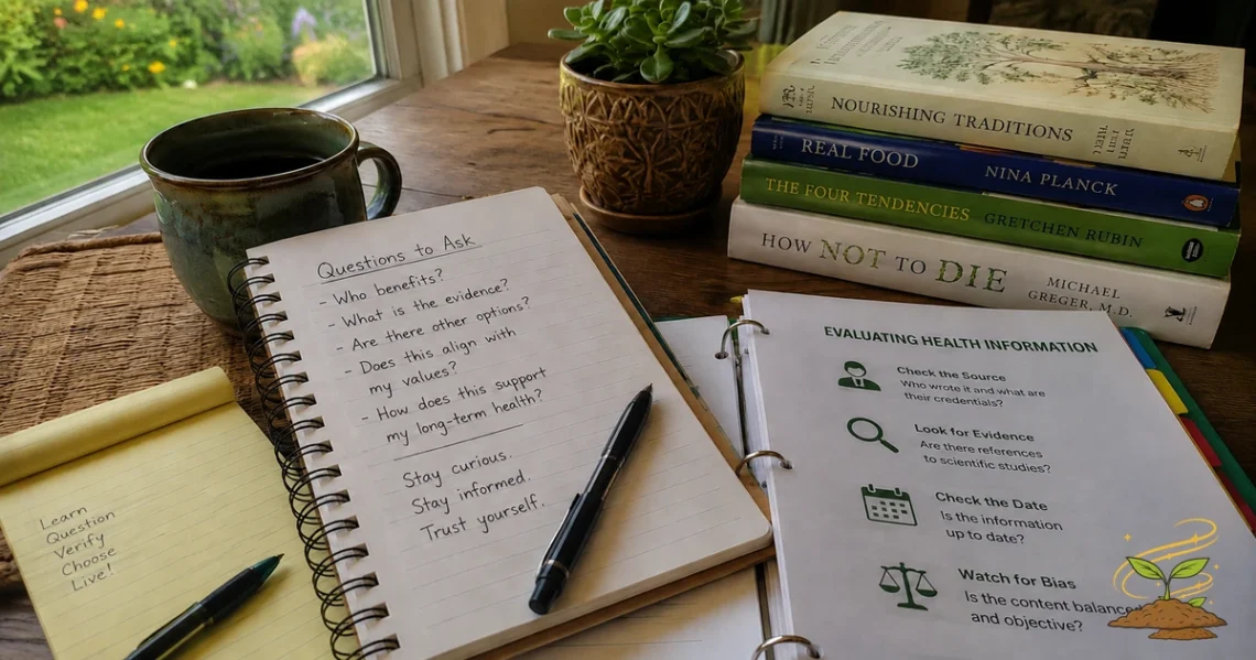 Notebook with handwritten health questions, a mug, books, and health information papers on a wooden table by a window, representing learning to trust yourself again.