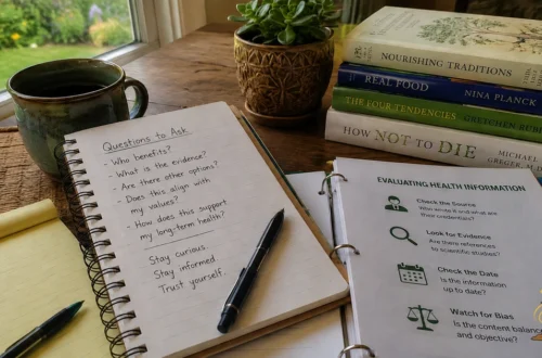 Notebook with handwritten health questions, a mug, books, and health information papers on a wooden table by a window, representing learning to trust yourself again.