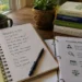 Notebook with handwritten health questions, a mug, books, and health information papers on a wooden table by a window, representing learning to trust yourself again.