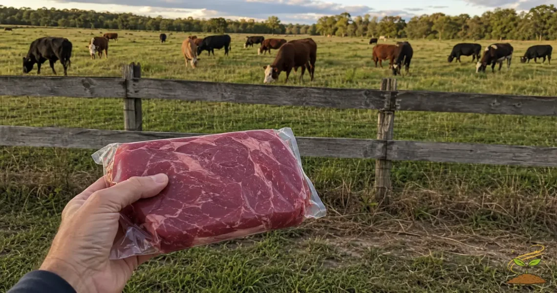 A package of beef held in front of cattle grazing in a pasture