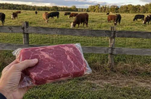 A package of beef held in front of cattle grazing in a pasture