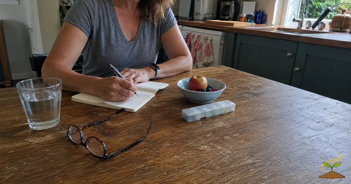 Woman writing health questions at her kitchen table beside water, fruit, glasses, and a pill organizer.