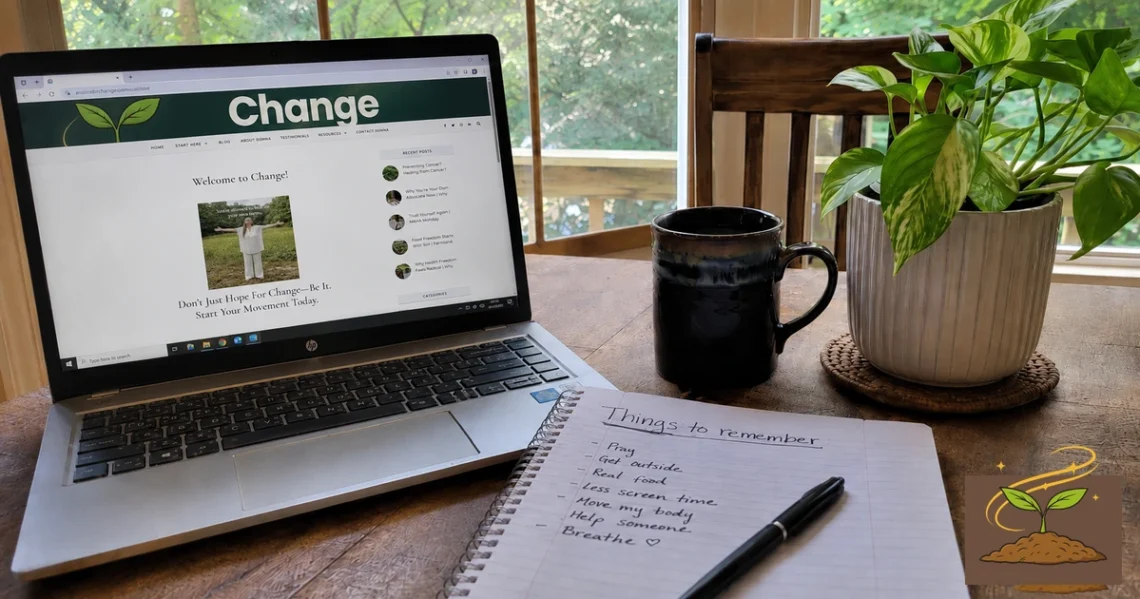 Laptop showing the A Voice For Change website beside a notebook, coffee mug, and houseplant in a natural home workspace