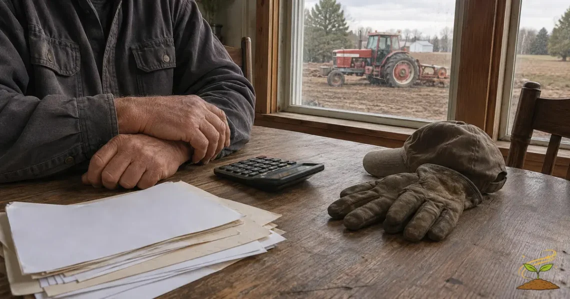 Farmer sitting at a kitchen table with a calculator and paperwork while an older tractor rests in the field outside.