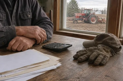 Farmer sitting at a kitchen table with a calculator and paperwork while an older tractor rests in the field outside.