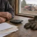 Farmer sitting at a kitchen table with a calculator and paperwork while an older tractor rests in the field outside.