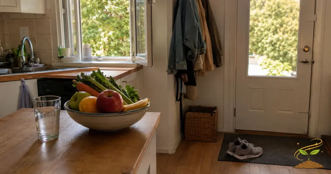 An open kitchen window, bowl of fresh produce, glass of water, and walking shoes by the door show how daily surroundings can support health.