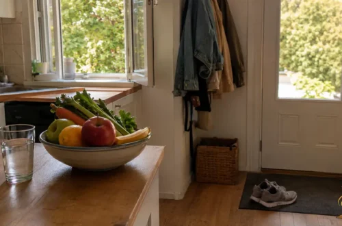An open kitchen window, bowl of fresh produce, glass of water, and walking shoes by the door show how daily surroundings can support health.