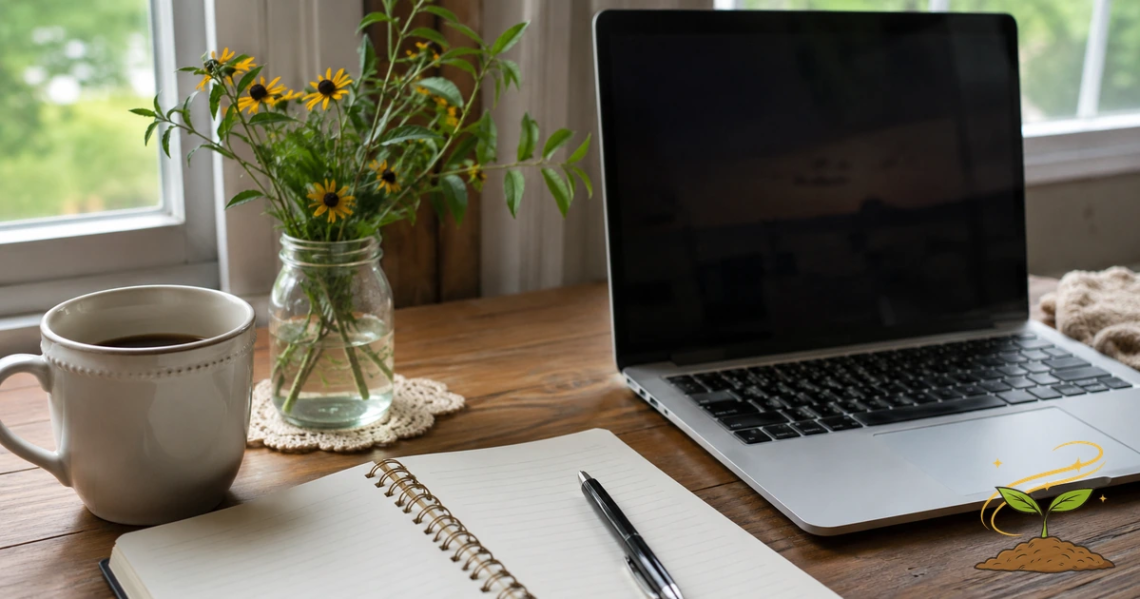A quiet home desk with a laptop, notebook, pen, coffee mug, and flowers, representing a person taking responsibility for their own health questions and records.