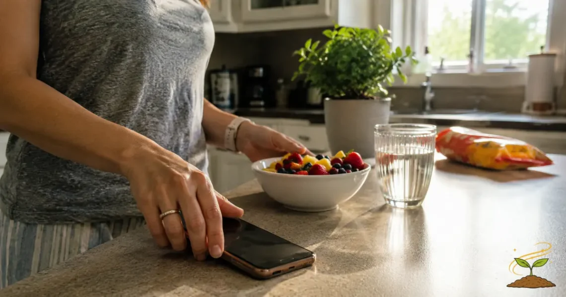 Woman turning her phone face-down while choosing fresh fruit and water in her kitchen