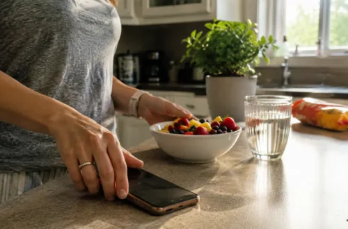 Woman turning her phone face-down while choosing fresh fruit and water in her kitchen