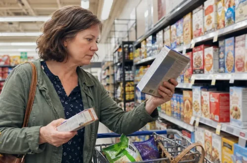 Woman comparing packaged food labels in a grocery aisle before deciding what to buy