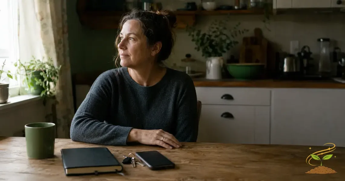 Middle-aged woman pausing at her kitchen table with her phone facedown, representing nervous system regulation and recovery from stress.