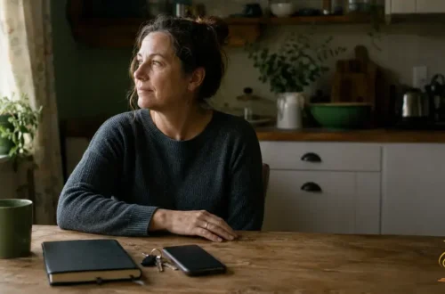 Middle-aged woman pausing at her kitchen table with her phone facedown, representing nervous system regulation and recovery from stress.