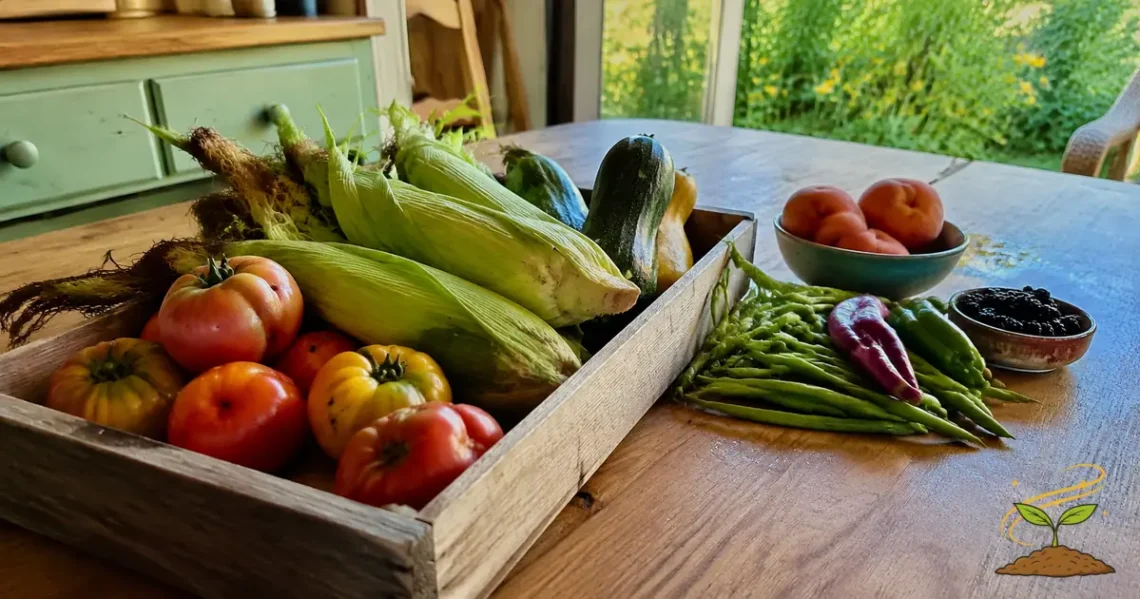 Fresh seasonal tomatoes, sweet corn, zucchini, peppers, peaches, and green beans arranged on a wooden kitchen table.